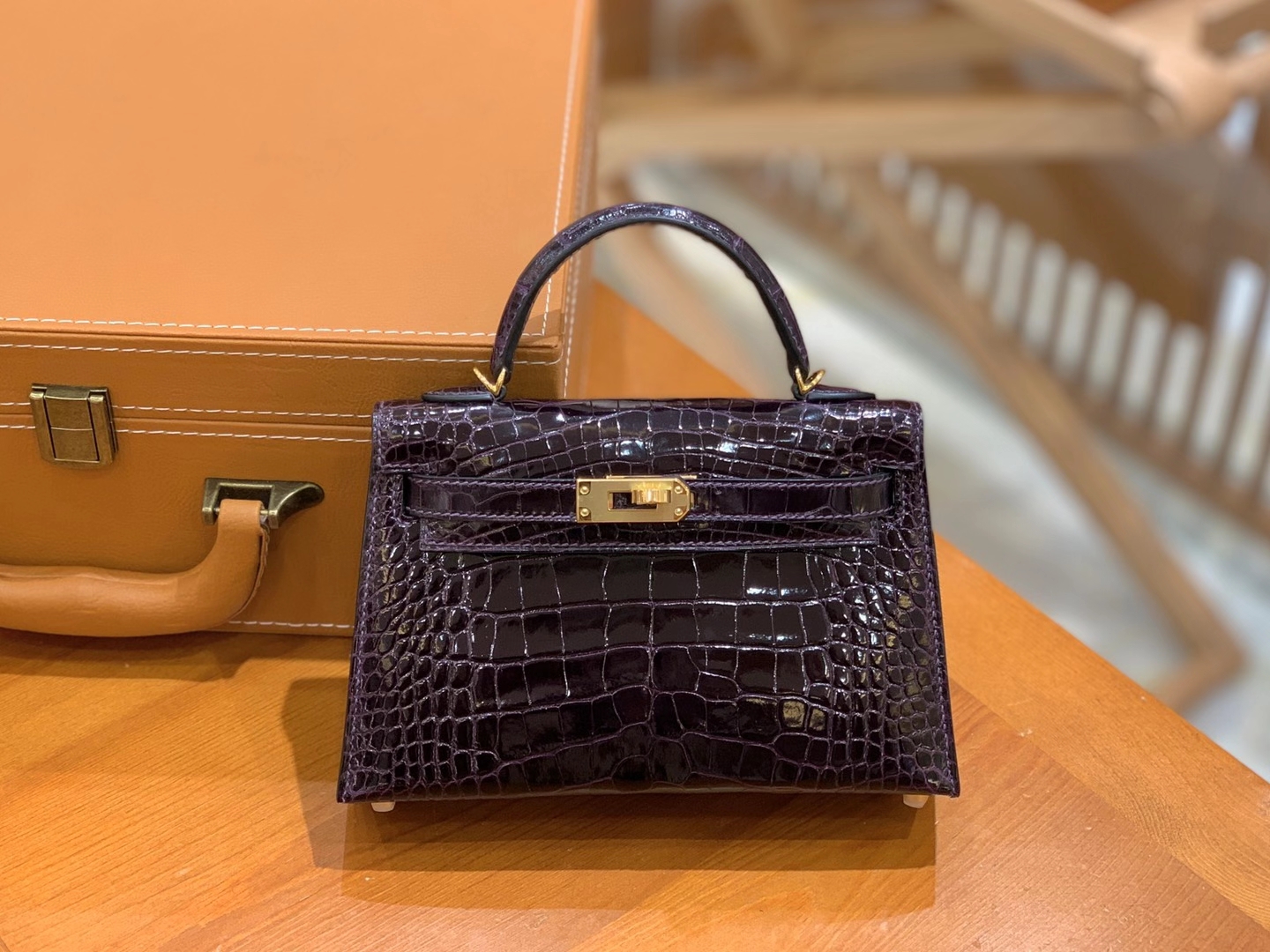 Best Hermes Mini Kelly 19cm shiny alligator crocodile Eggplant purple ...